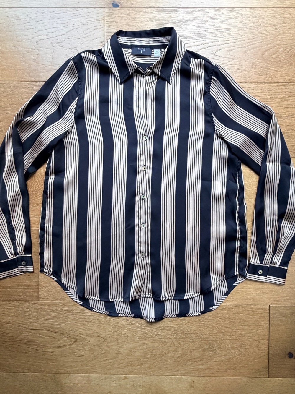 VTG 90s Tahari Striped Long Sleeve Button Down Blouse Black Beige Silky Satin Sm